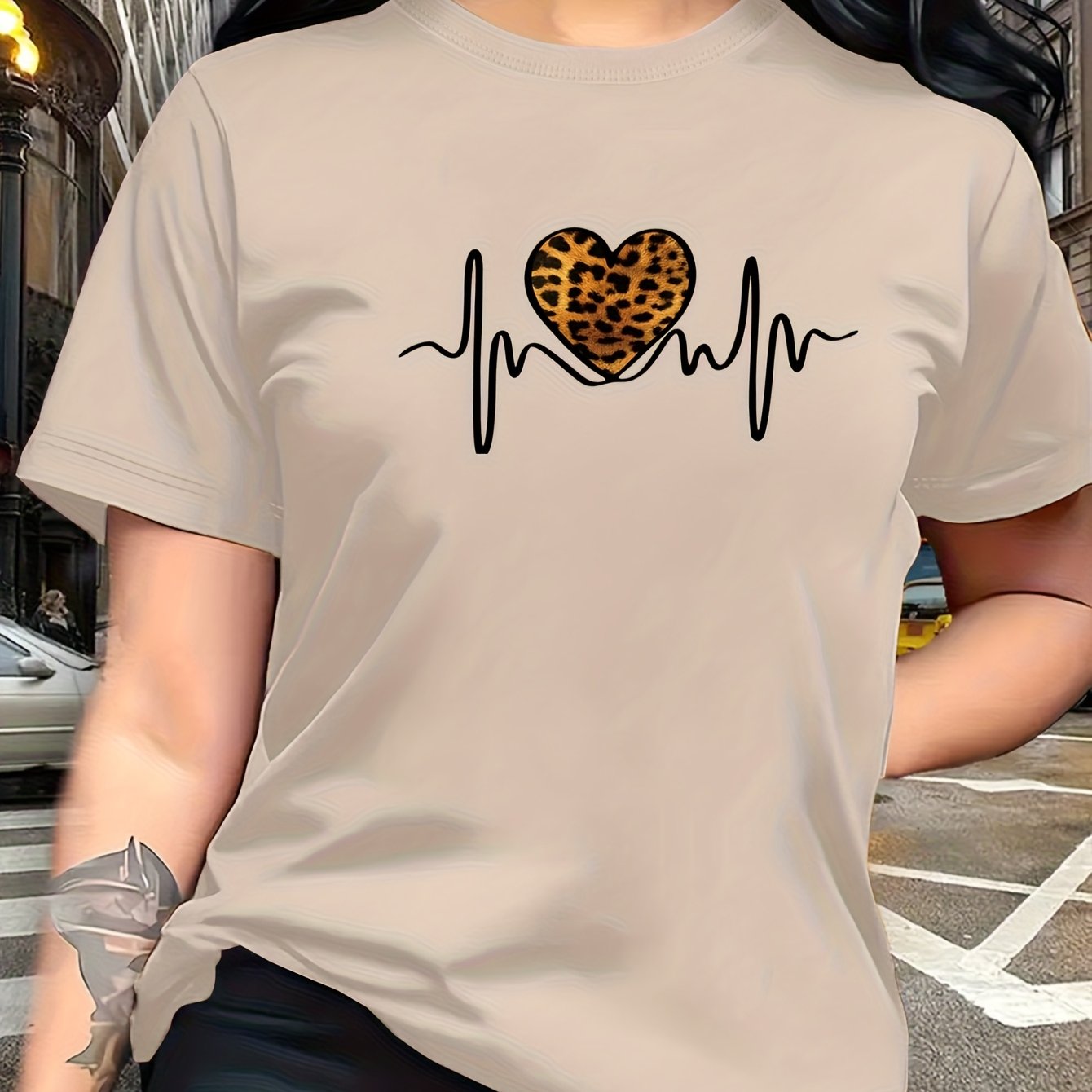 TEMU Leopard Print Ekg Heart Pattern Trendy Fashion, Easy Round Neck Casual Versatile Short Sleeve Women's T-shirt Suitable For Vacation And Other
