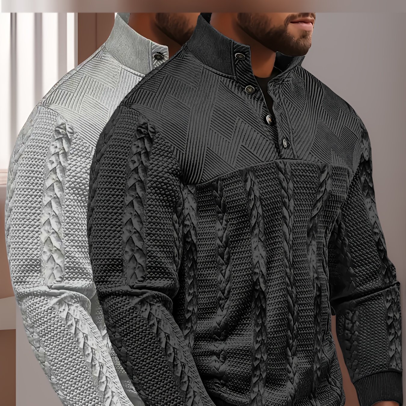 TEMU 2pcs Men's Long Sleeve Henley Shirt, Autumn/winter Button-up Jacquard Pullover For Outdoor Casual Knit