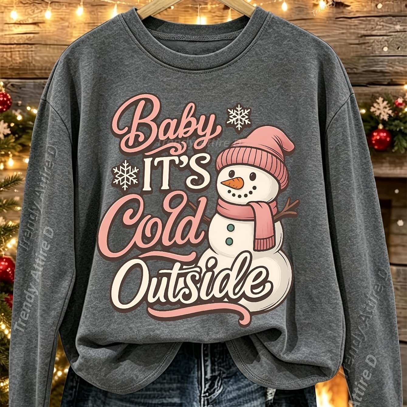 TEMU [fashionable Women's Clothing] Women's Outfits: Autumn/ Neck Long-sleeve T-shirt. Casual And Minimalist Style With A Cute Snowman Print. This