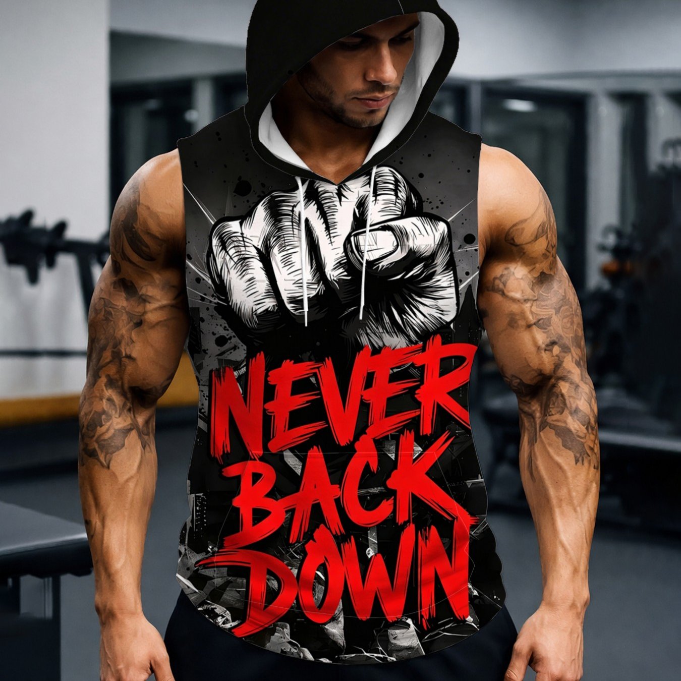 TEMU Men's Hooded Sleeveless Top Creative Printed Sports Top Trendy Fitness Training Top Street Style Fashion Top Daily Casual Outerwear Comfortable