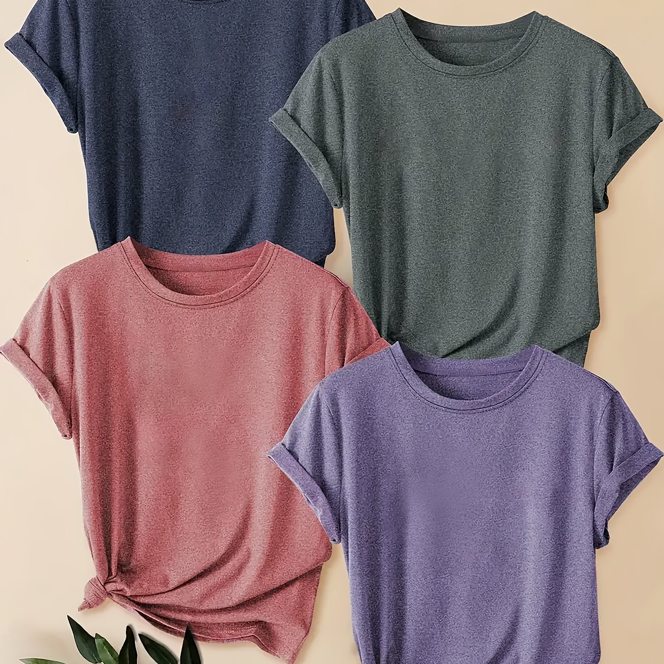 TEMU 4pcs Women's Short Sleeve Solid Color Printless Round Neck Casual Loose Summer T-shirt Set Plus Size Fashionable Vacation Daily Versatile Top In