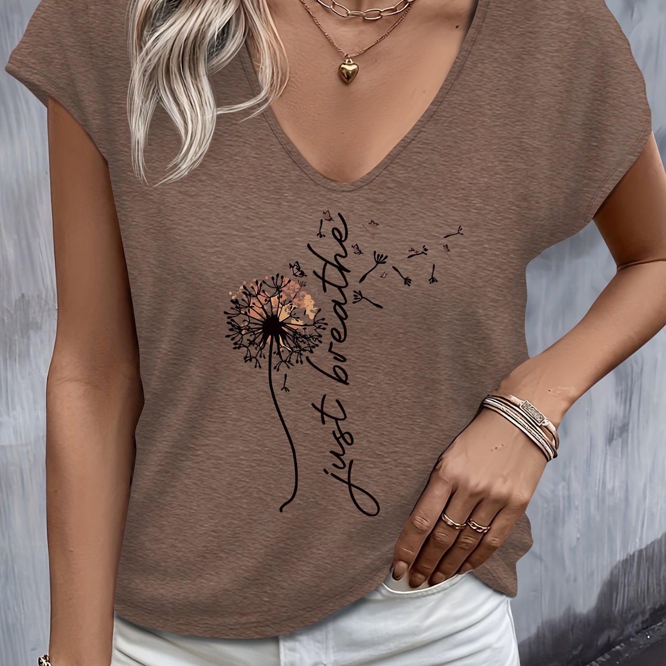 E-shop Dandelion Muster Western Style Damen Frühling Sommer Einfaches Vielseitiges Urlaubs Freizeit Farbiges V-Ausschnitt Kurzarm T-Shirt
