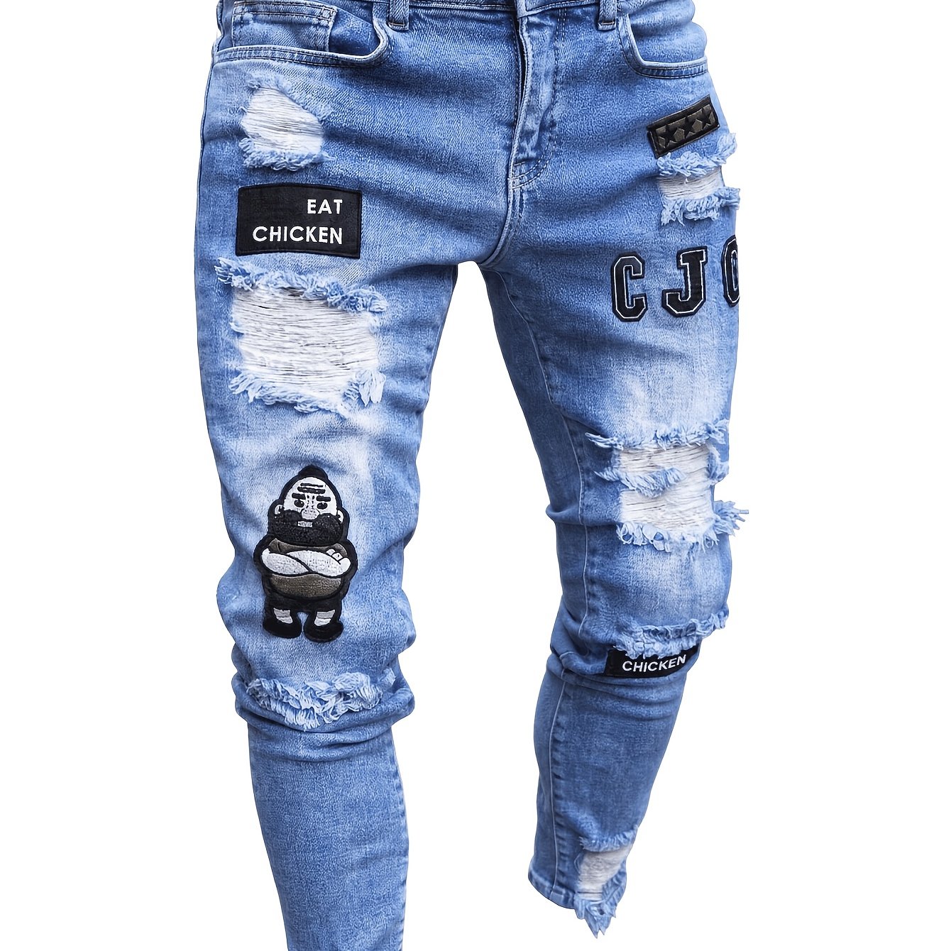 European-style Men's Skinny Fit Distressed Stamp Commuter Jeans