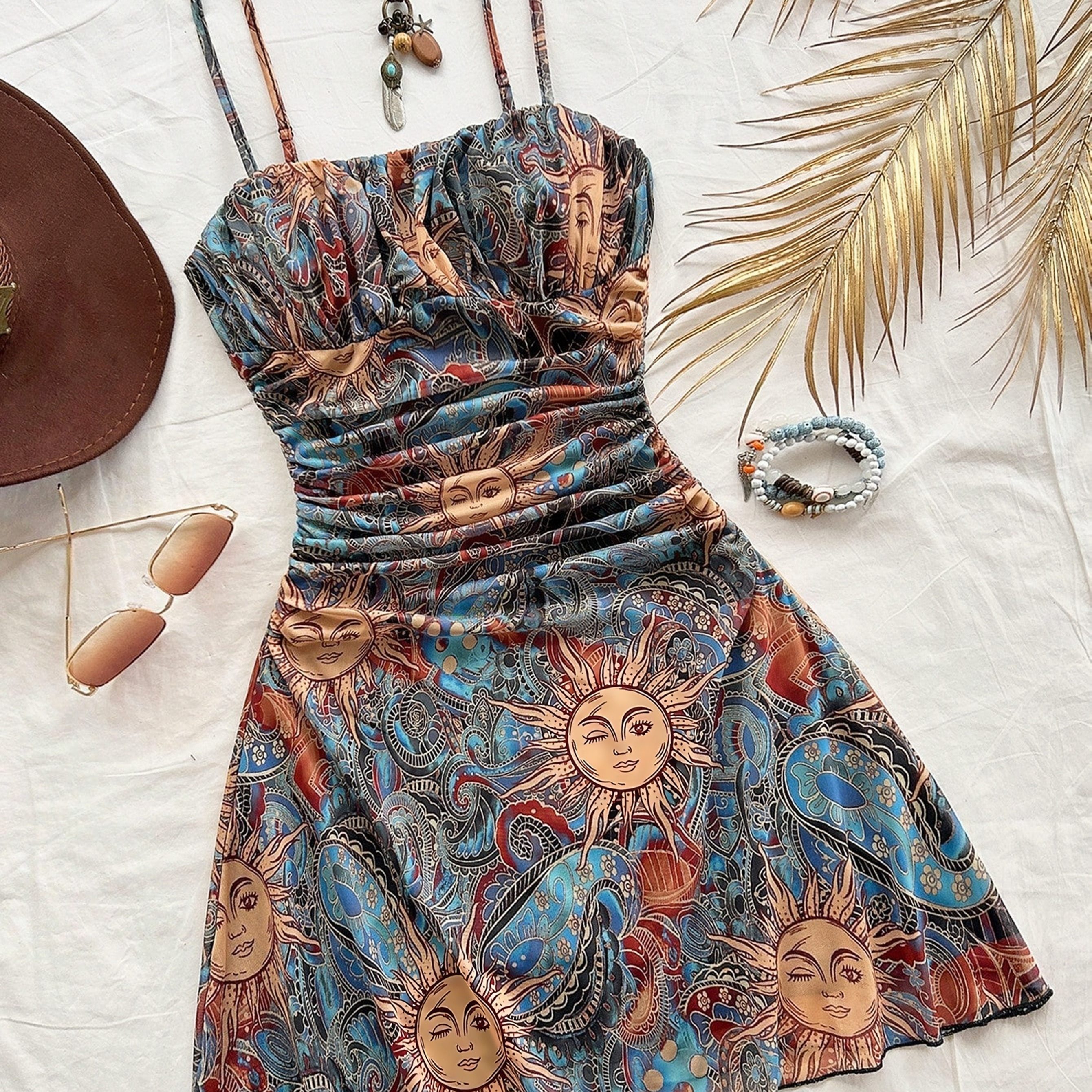 E-shop 2026 Frühjahr/Sommer Damen Vintage Sonnenprint Plissierter Taillenbund Kleid, Glattes Spaghettiträger Rock, Urlaub Strand Foto Outfit, Neuer