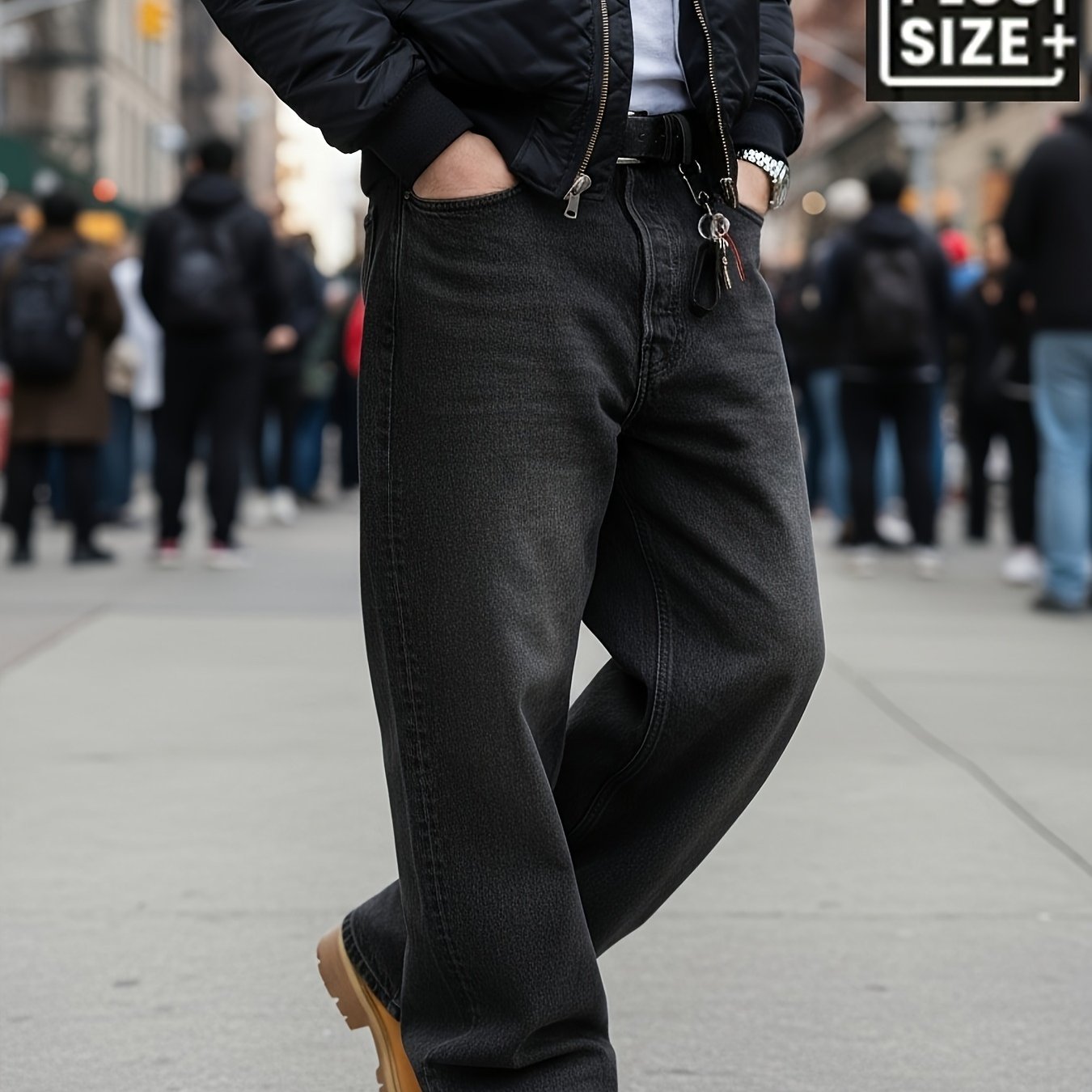 Image of Men's -size Wide-leg High-waist Jeans - Beltless With Built-in Zipper, Natural Washed Black-gray, Non-stretch Machine Washable Pants Suitable For Business & Casual Wear, Loose Trousers, Plus Size