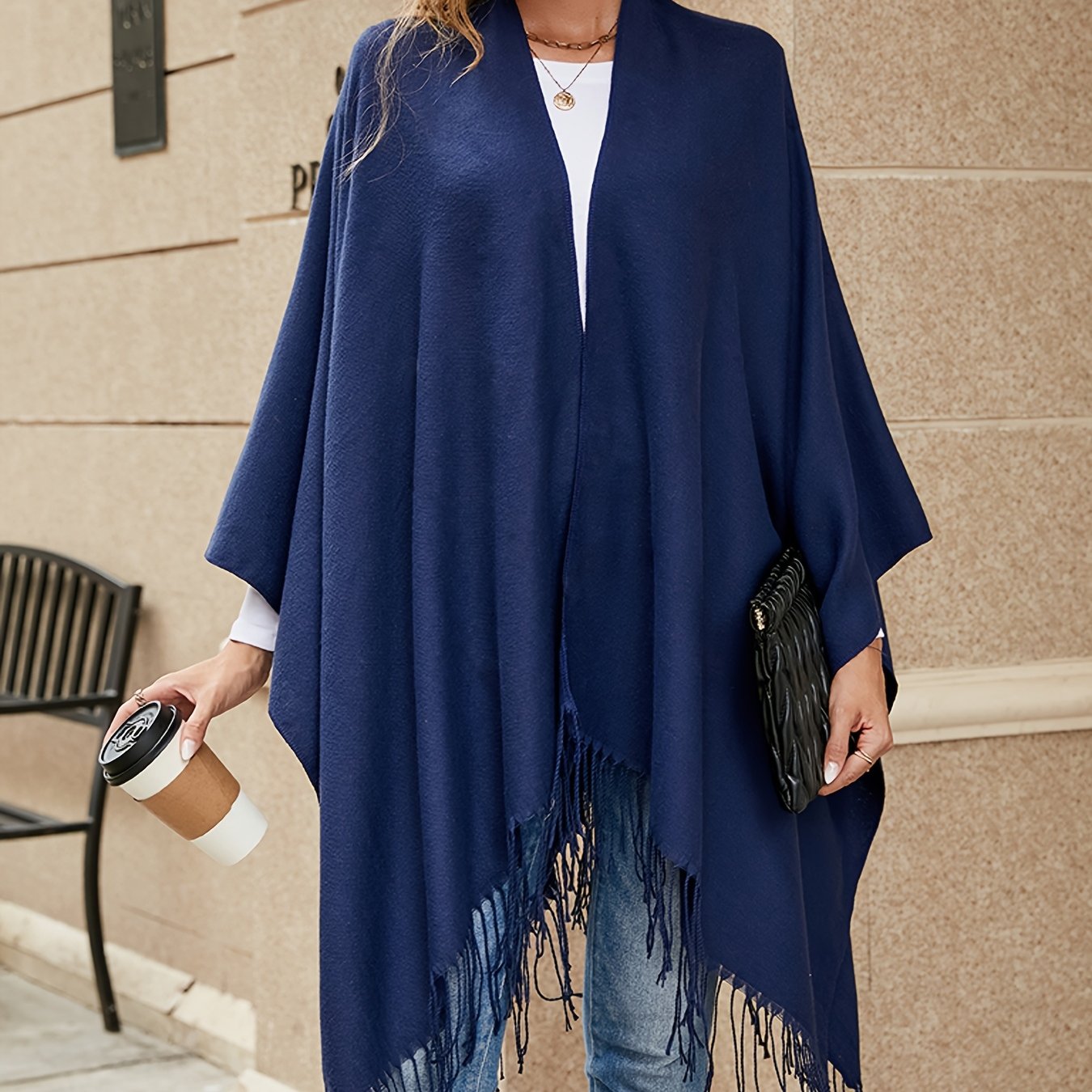 TEMU Plus Size, Women's Plus Size Cardigan Open Front Shawl Cape Solid Color Fringe Plus Size Curve For Evening Dates Autumn Winter