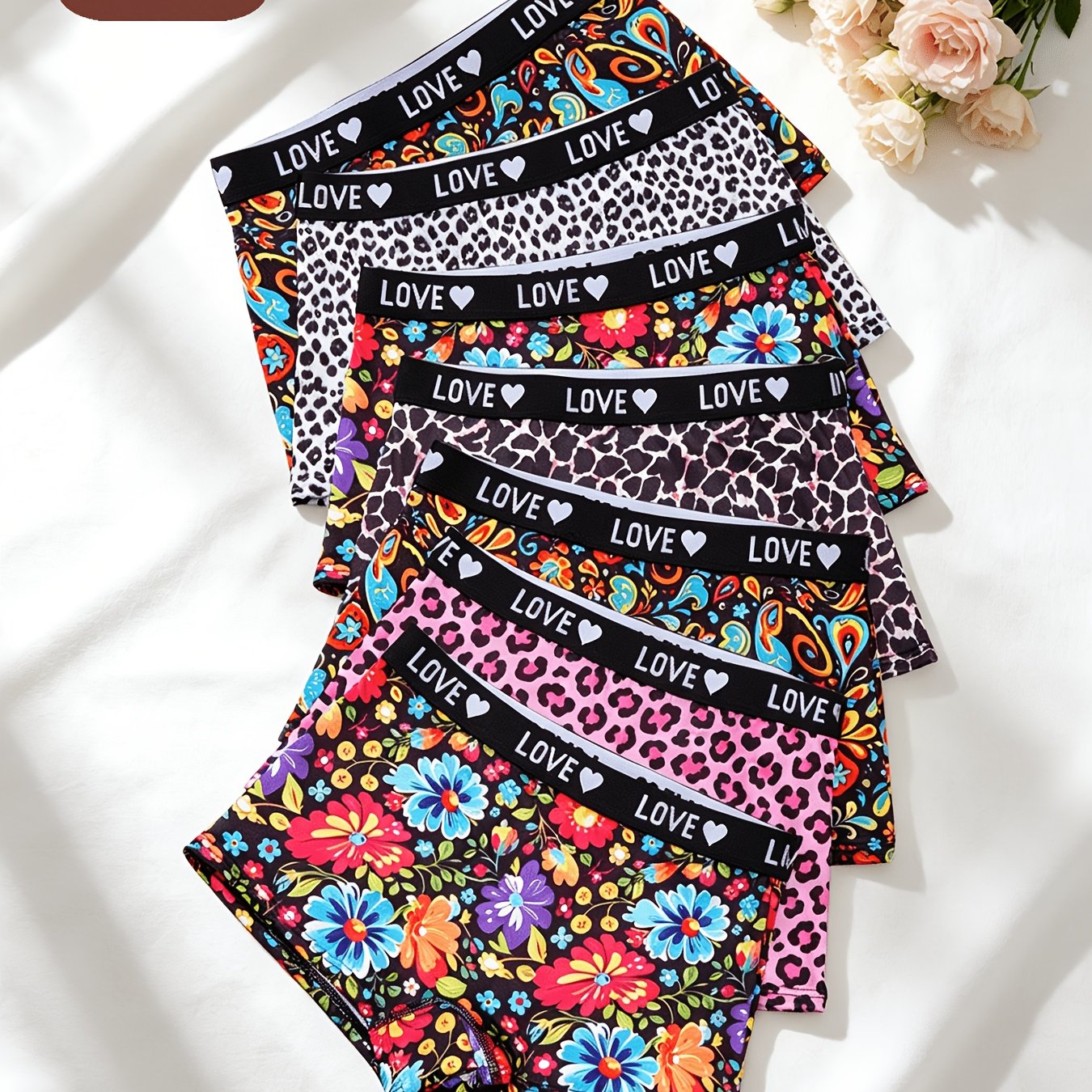 TEMU 7pcs Women's Leopard Print Boxer Briefs With Letter Waistband, Comfortable Breathable Seamless Daily Home Square Panties