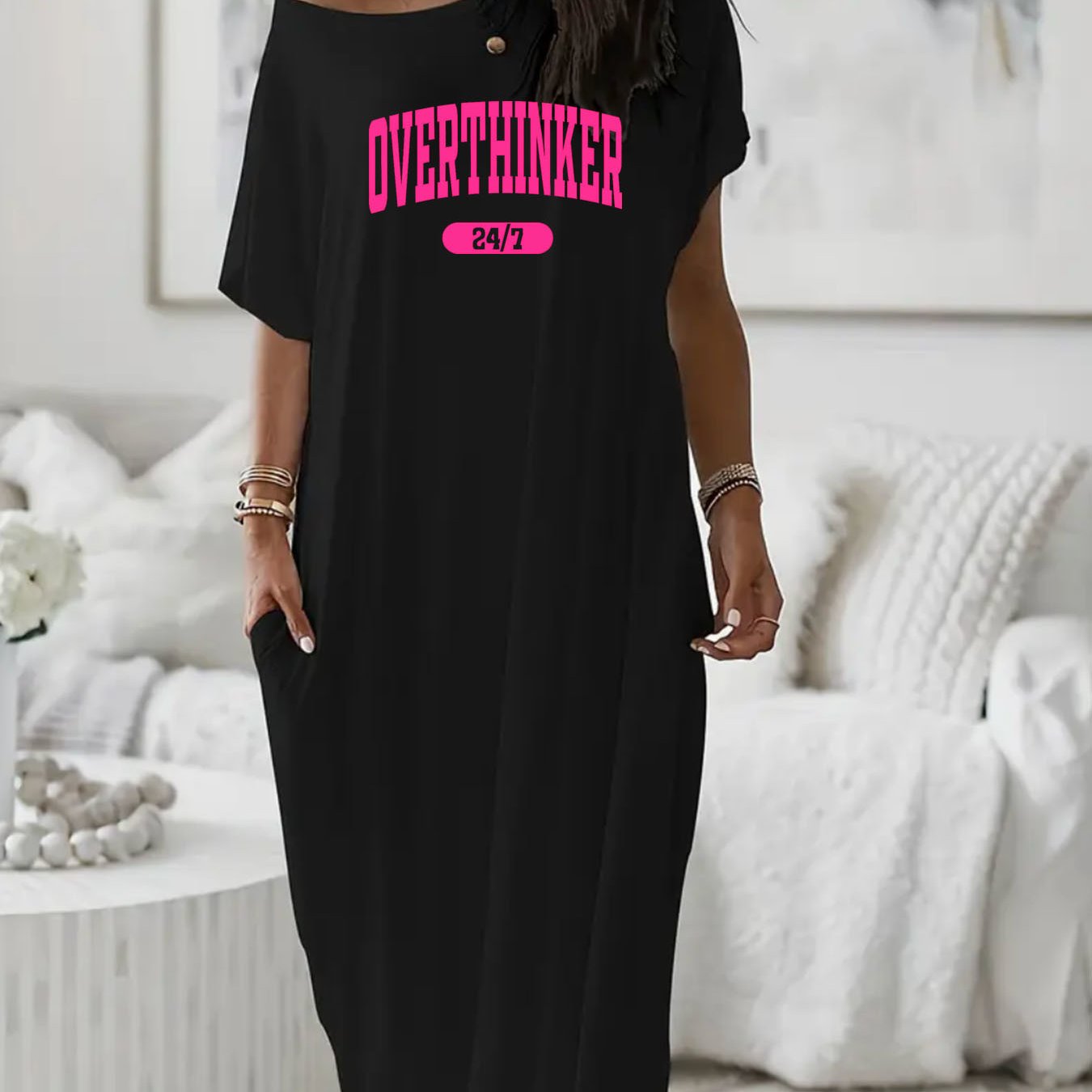 Off-shoulder Loose Long Dress With Pockets, Letter And Geometric Pattern Print, Casual Comfortable Loungewear-overseas Printing-overseas Printing