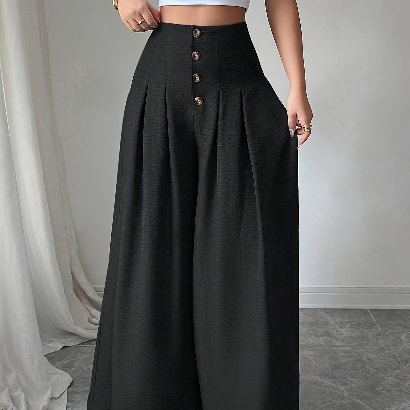 TEMU Damenmode lockere einfarbige Hose mit Knopfleiste, Faltenrücken, unsichtbarem Reißverschluss und weitem Bein (ohne )