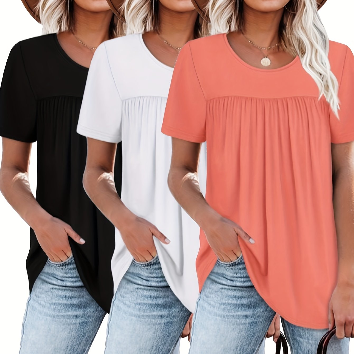 E-shop 3-teiliges Damen-Sommer-T-Shirt-Set im europäischen amerikanischen Modestil, lässig, locker sitzend, mit Rundhalsausschnitt, kurzärmelig