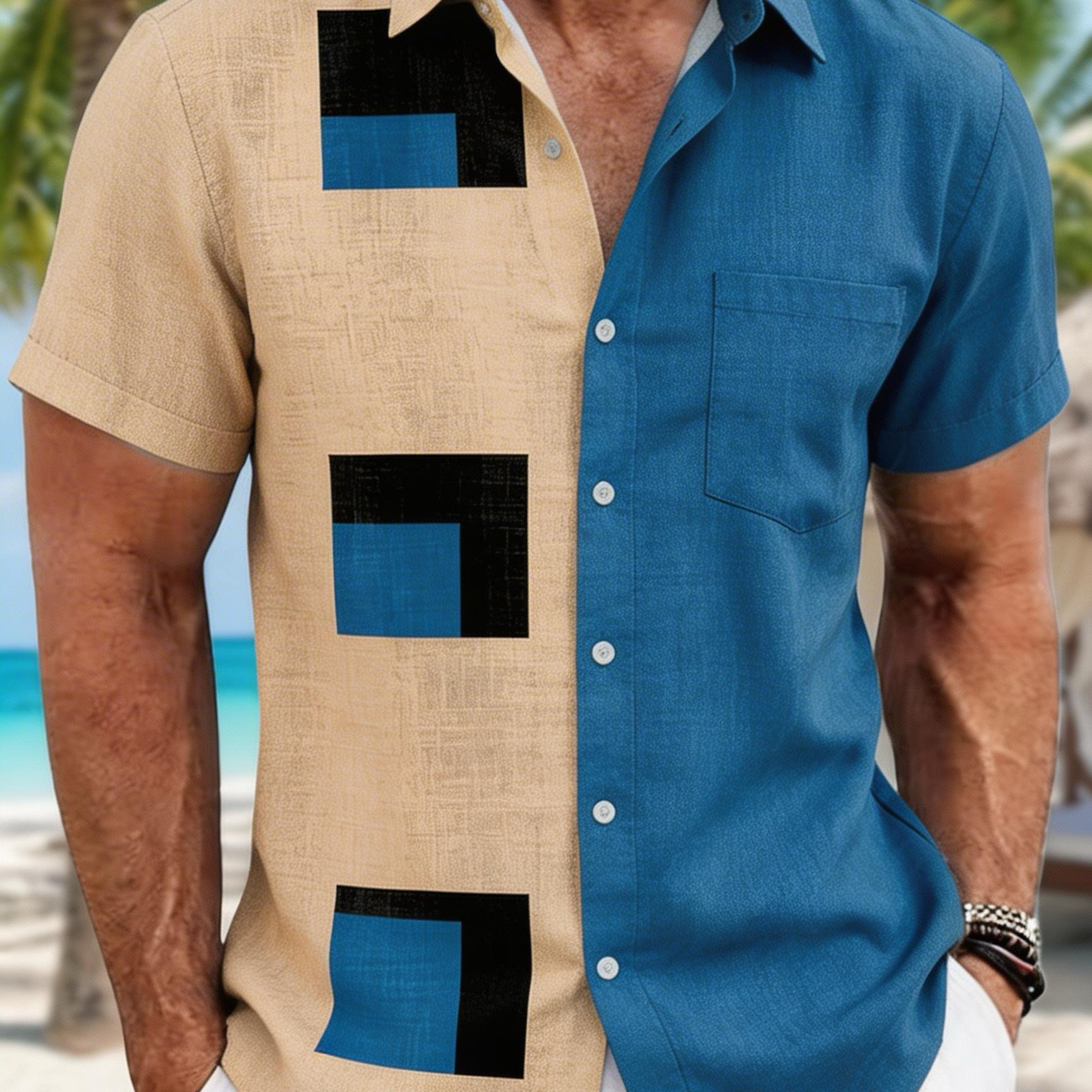 TEMU Plus Size Men's Summer Loose Block Pattern Print Short Sleeve Shirt, Breathable With Stretch, Machine Washable, Casual Daily And Vacation Top,