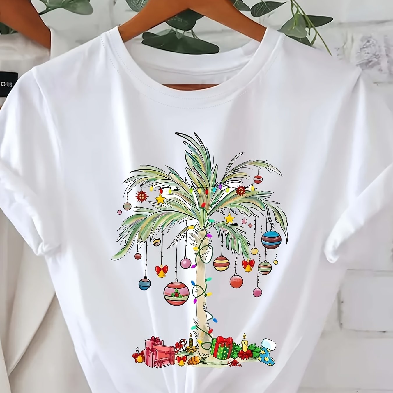 TEMU Regular Short-sleeve Christmas Style - Trendy Printed Top Featuring Holiday Palm Trees