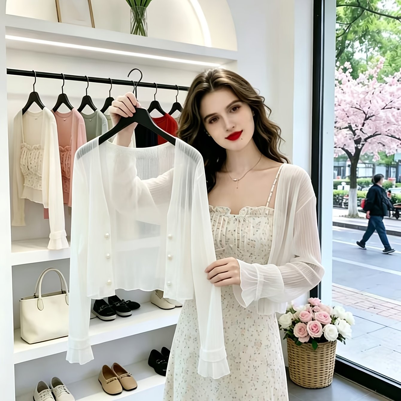 TEMU Summer Lightweight Chiffon Pleated Design Cropped Open-front Cardigan, Long-sleeve Beach Cover-up, Casual And Elegant Vacation Top, Holiday Gift