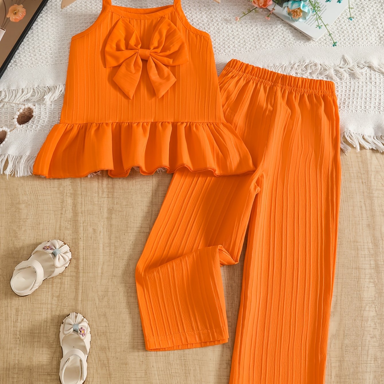 Image of Girls Summer Solid Color Long Pants Two-piece Set - Cute Tank Top With Bowknot And Ruffles, Wide-leg Trousers, Fashionable And Elegant Outfit, For Outdoor