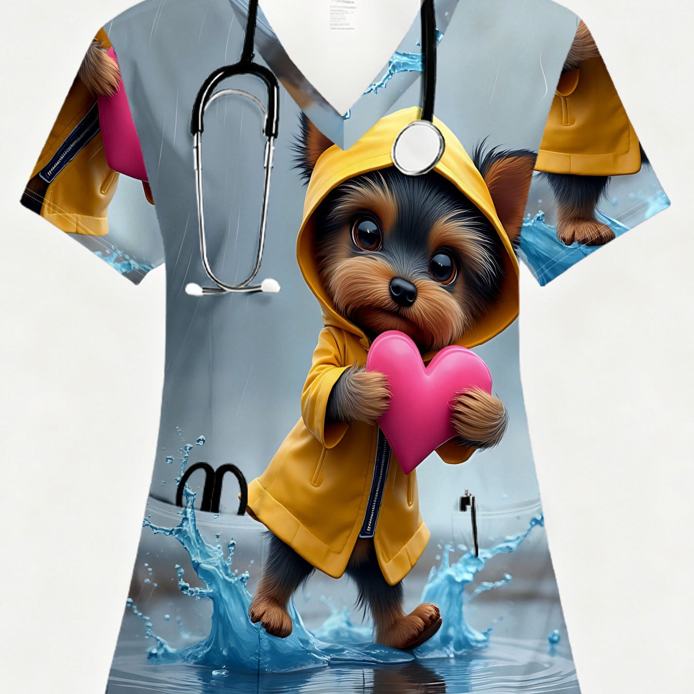 TEMU Women's Short-sleeve V-neck T-shirt In A Modern Minimalist Style, Featuring A Of A Puppy And A Pocket. Machine Washable, Versatile For Everyday