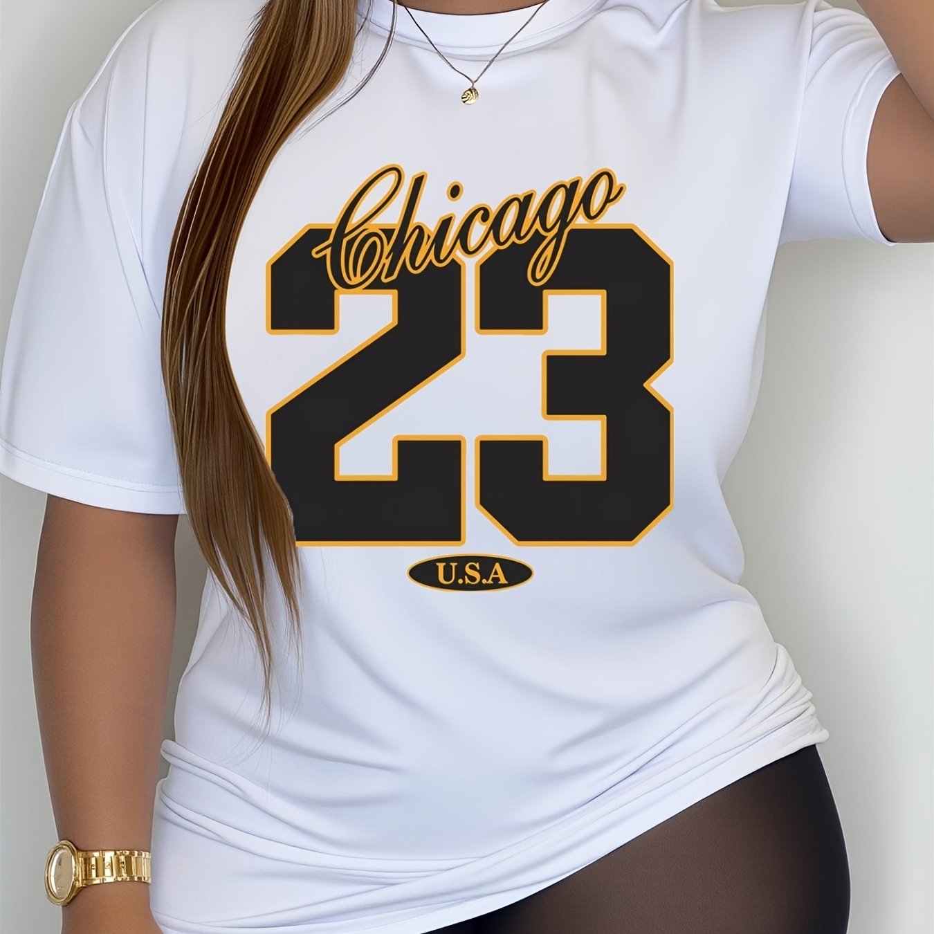 TEMU Plus Size, Oversized Chicago 23 Number T-shirt - Iconic Chicago , Size Short Sleeve Round Neck Casual Beachwear, Machine Washable Suitable For