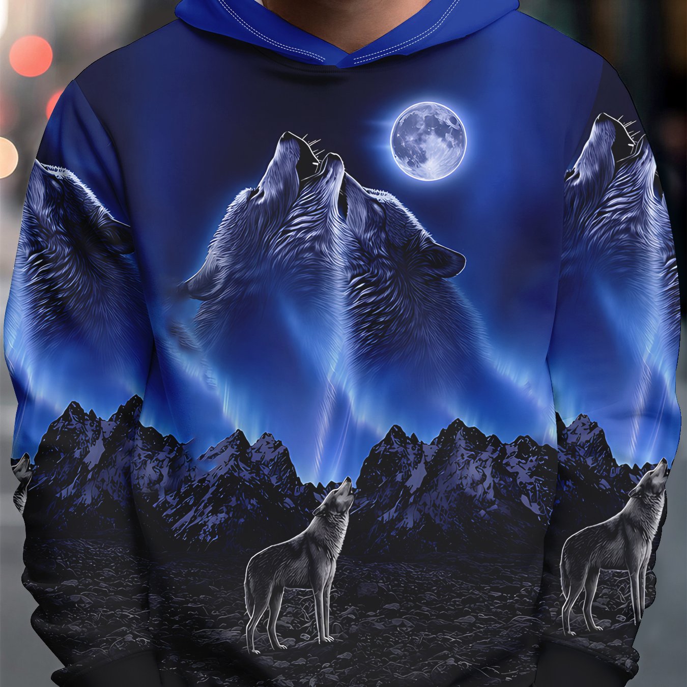 TEMU 's 3d Long-sleeve Casual Hoodie, Aurora Moonlight Twin Wolves Hooded Sweatshirt, Stylish Men's Hoodie, Top For Daily Wear, Commuting, Sports ,