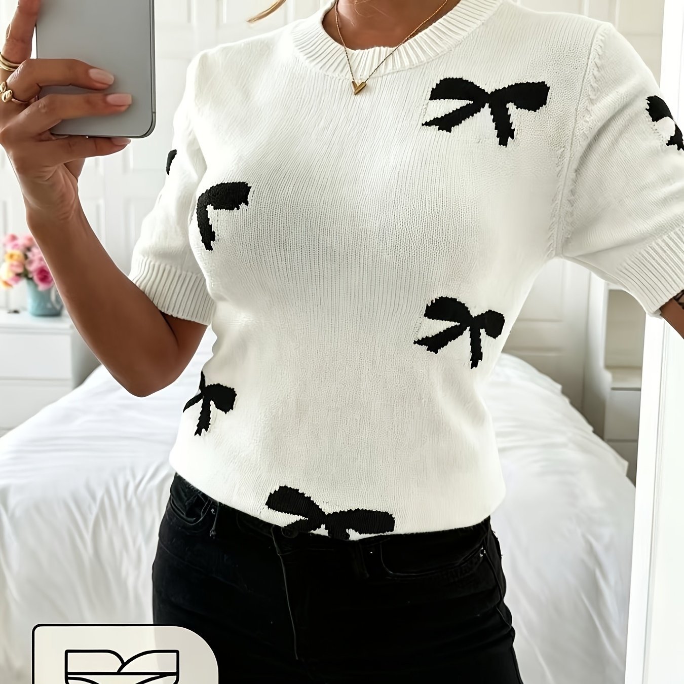 E-shop Neuer Rundhals Kurzarm Pullover für Frühling und Sommer mit Schleife und Jacquard Design, ein stylischer und vielseitiger Strickpullover