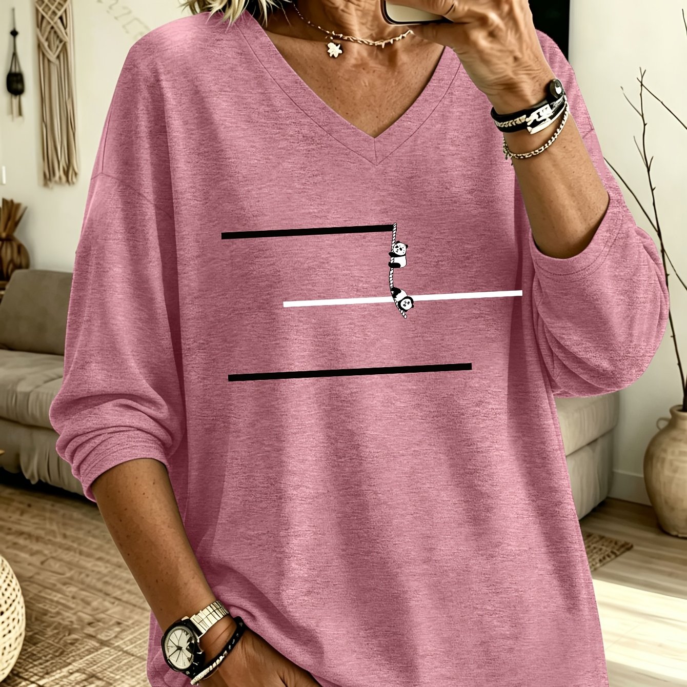 TEMU Plus Size - Plus Size - And Summer Plus Size Women's 2 Cute Panda Pattern Long-sleeved V-neck T-shirt, Rayon Component - To Care For, Machine
