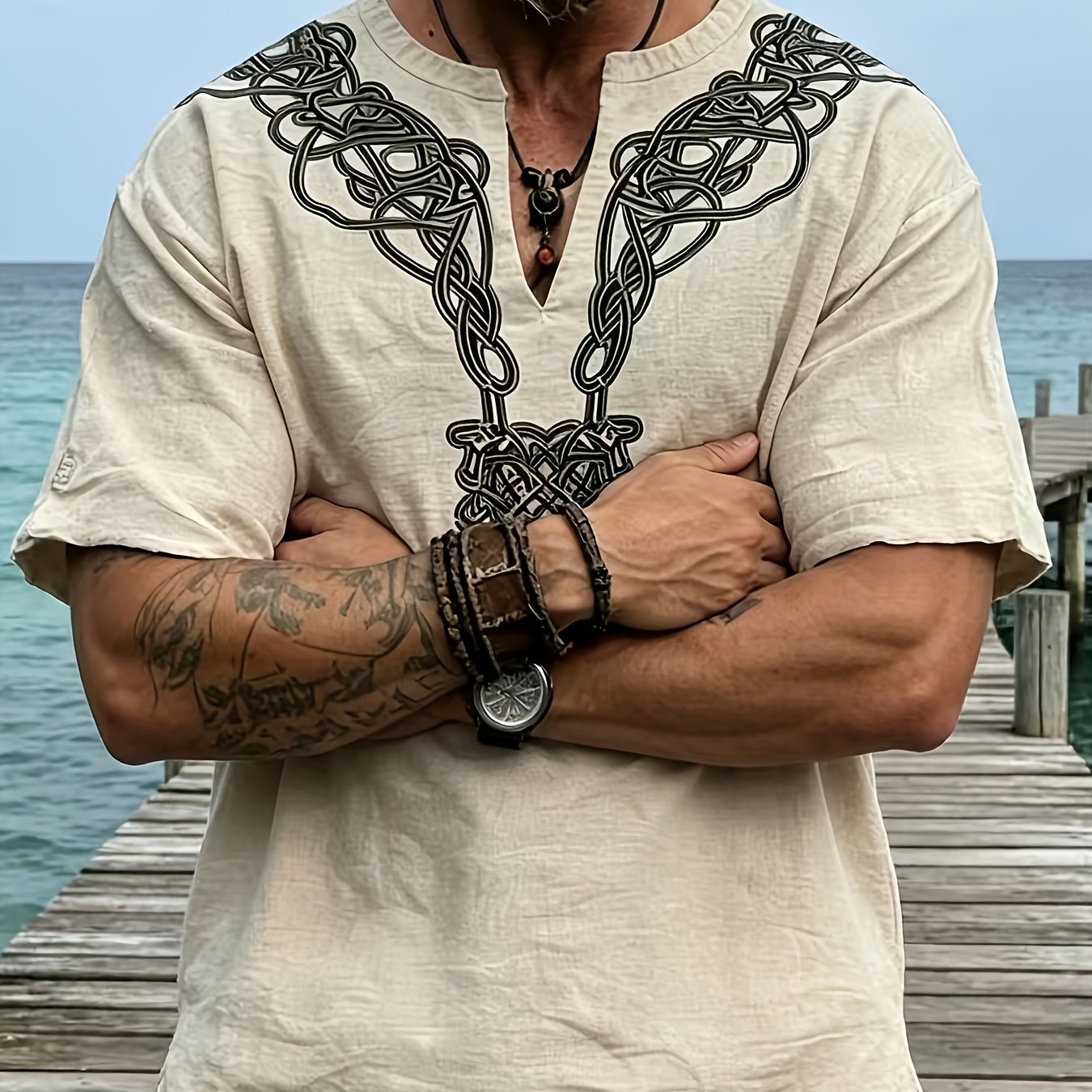 TEMU 2026 's Viking Style Celtic Knot Print Short Sleeve Shirt, Vintage Nordic Style V-neck Top, Summer Casual Loose Size T-shirt