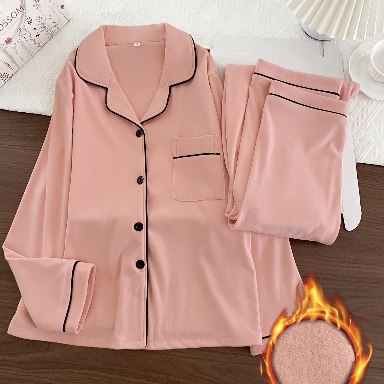 TEMU Autumn Winter Women's Loose Thickened Plush Warm Pajama Set 2pcs, Pink Contrast Button-up Long Sleeve Warm Top And Elastic Waist Long Pants 2pcs