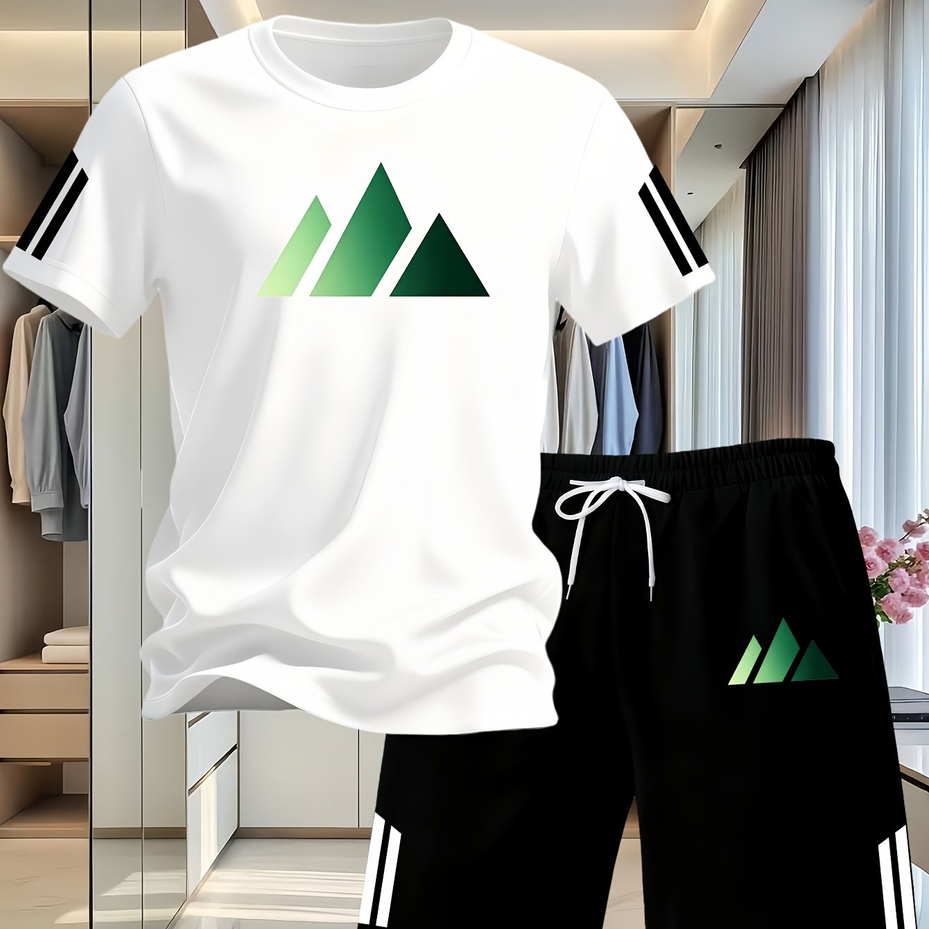 TEMU Conjunto de 2 piezas para hombre de moda deportiva casual de manga corta y pantalones cortos, con moderno estampado 2D, conjunto deportivo de 2