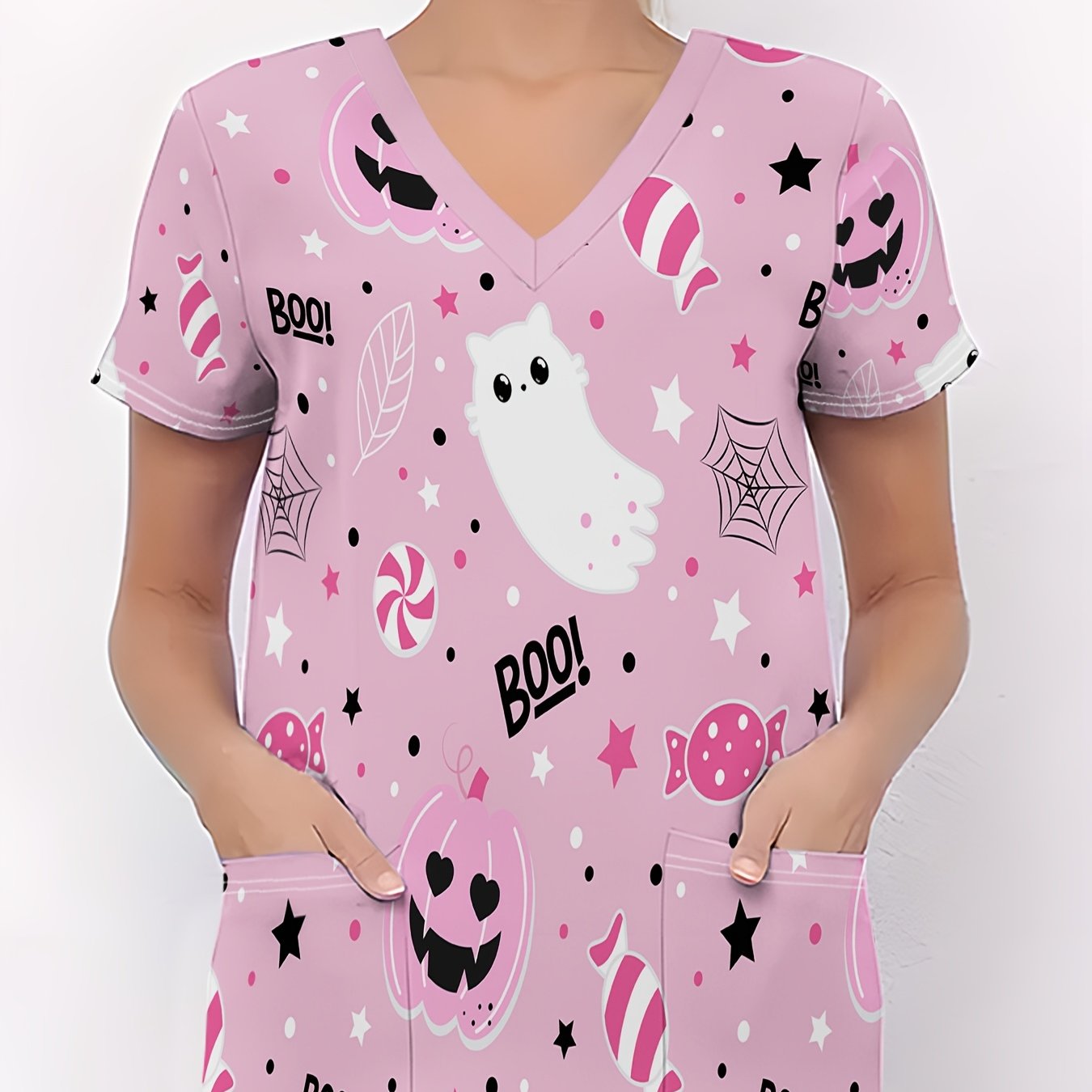 TEMU Plus Size - Plus Size - Halloween Women's Plus Size Nurse Outfit, Pink Halloween Element Patterns: Cute Pumpkins, , Candies, Spiderwebs Etc.