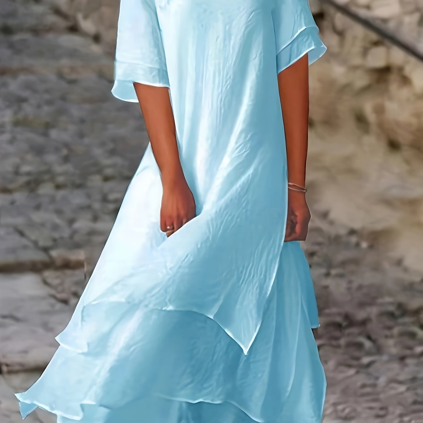Plus Size, Plus Size Spring/summer Women's Fashion Casual Vintage Double-layer Short Sleeve Round Neck Dress