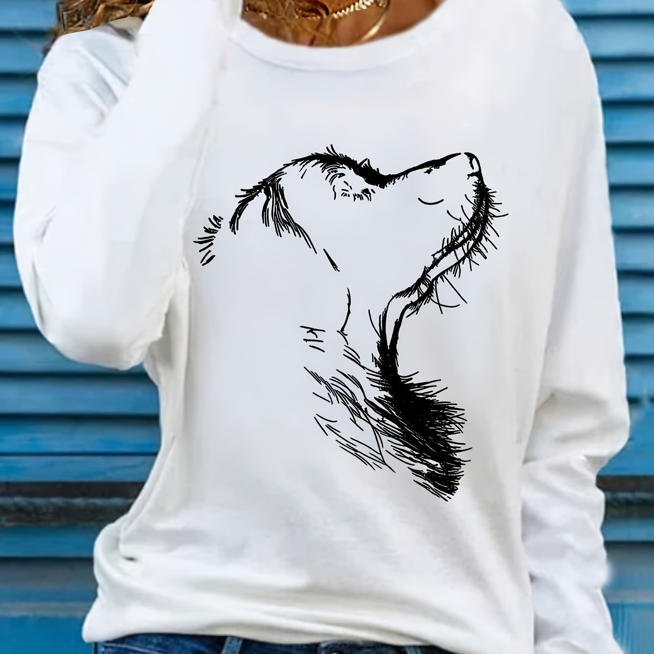 TEMU Women's Long Sleeve Crew Neck T-shirt With Animal Graphic Print, Casual Knit Polyester Top, Skinny Fit, Regular Length, Fall/winter Collection
