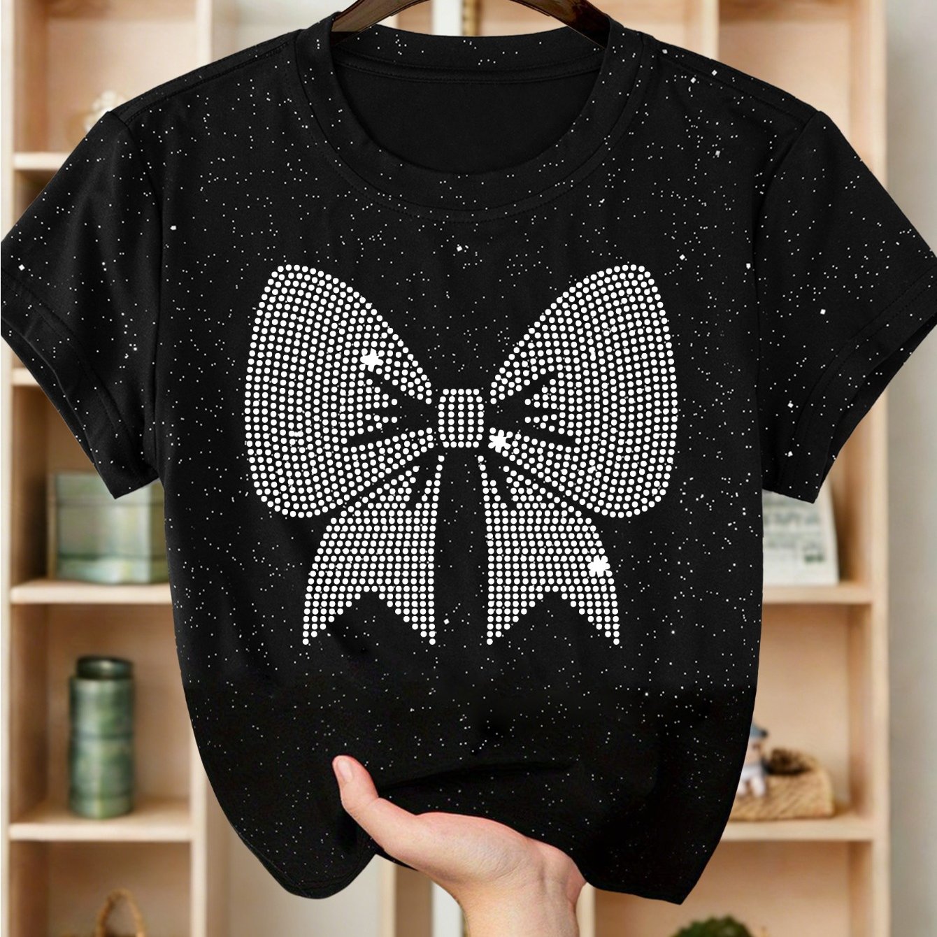 TEMU One-piece Women's Sequin Short Sleeve T-shirt With Bow Tie Rhinestone Print | Casual, , Geometric Pattern, Slim Fit