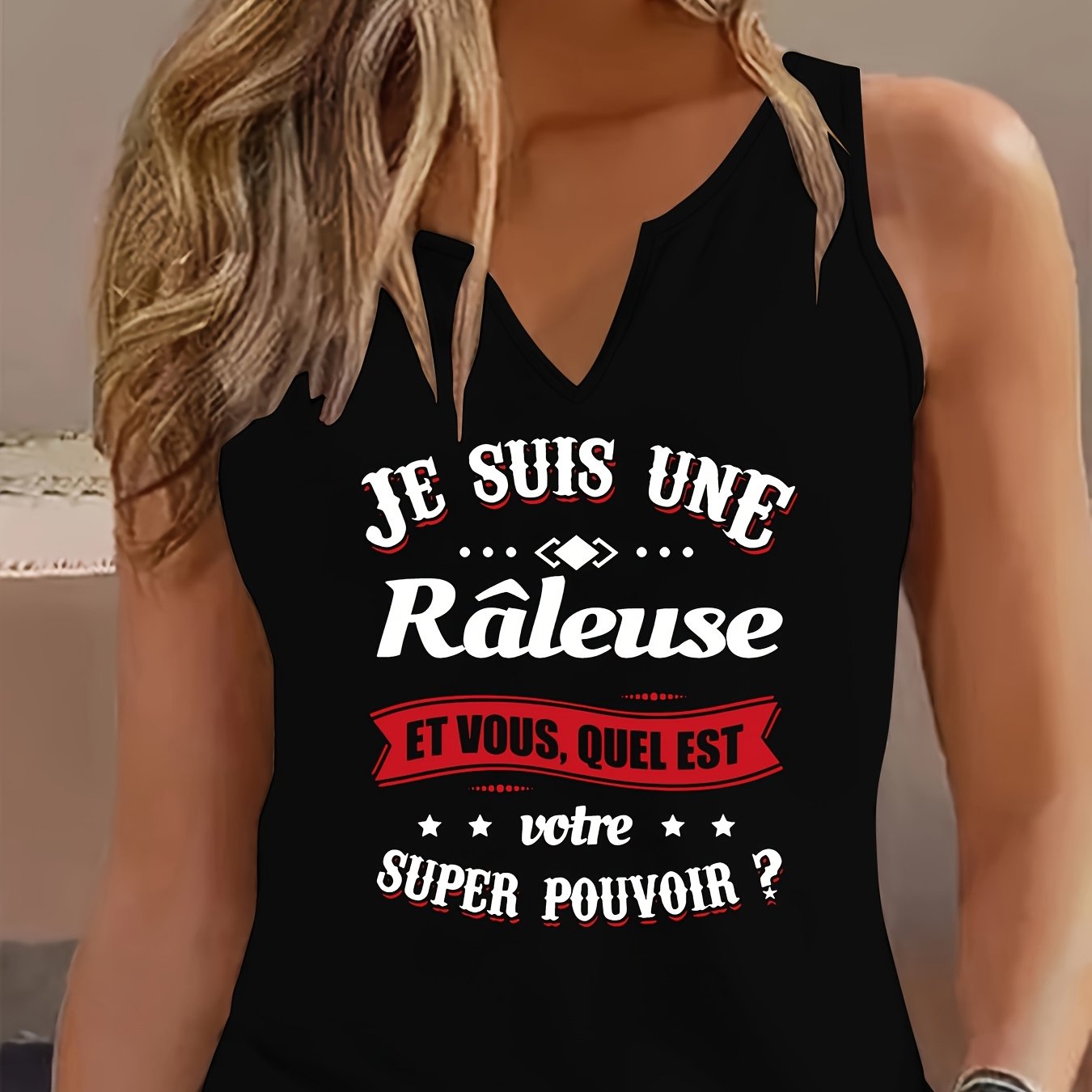 TEMU Débardeur décontracté manches à col en V avec imprimé de lettres, parfait pour l'été et , vêtements pour femmes