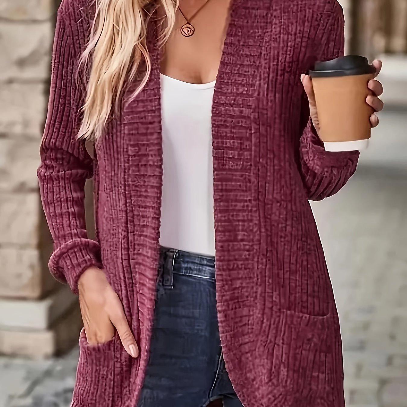 TEMU Open Front Ribbed Cardigan, Casual Long Sleeve Dual Pockets Top For Spring & Fall, Women's Clothing