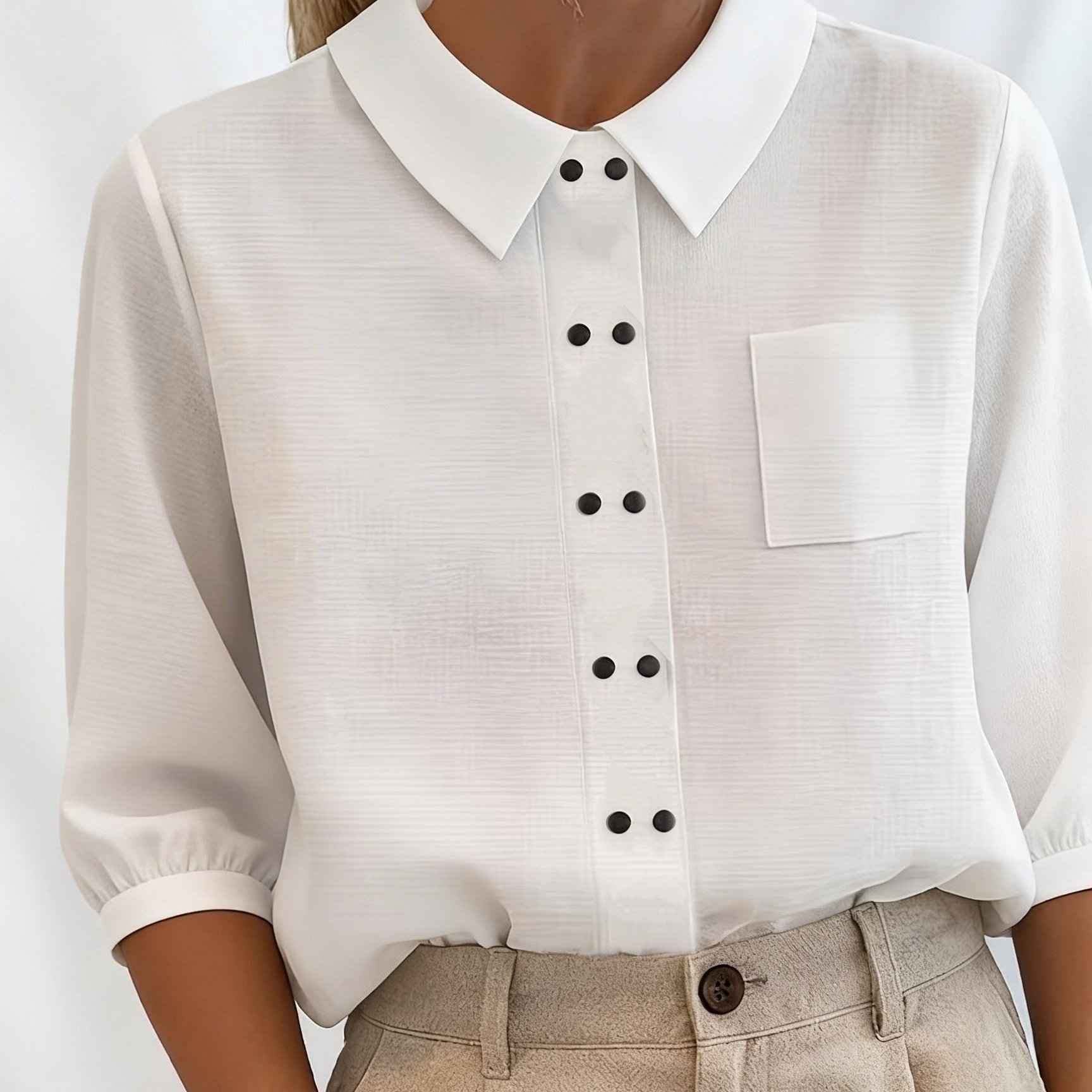 TEMU Summer New Stylish Women's Shirt Elegant Solid Color Lapel Double-breasted Raglan -sleeve Single-pocket Shirt