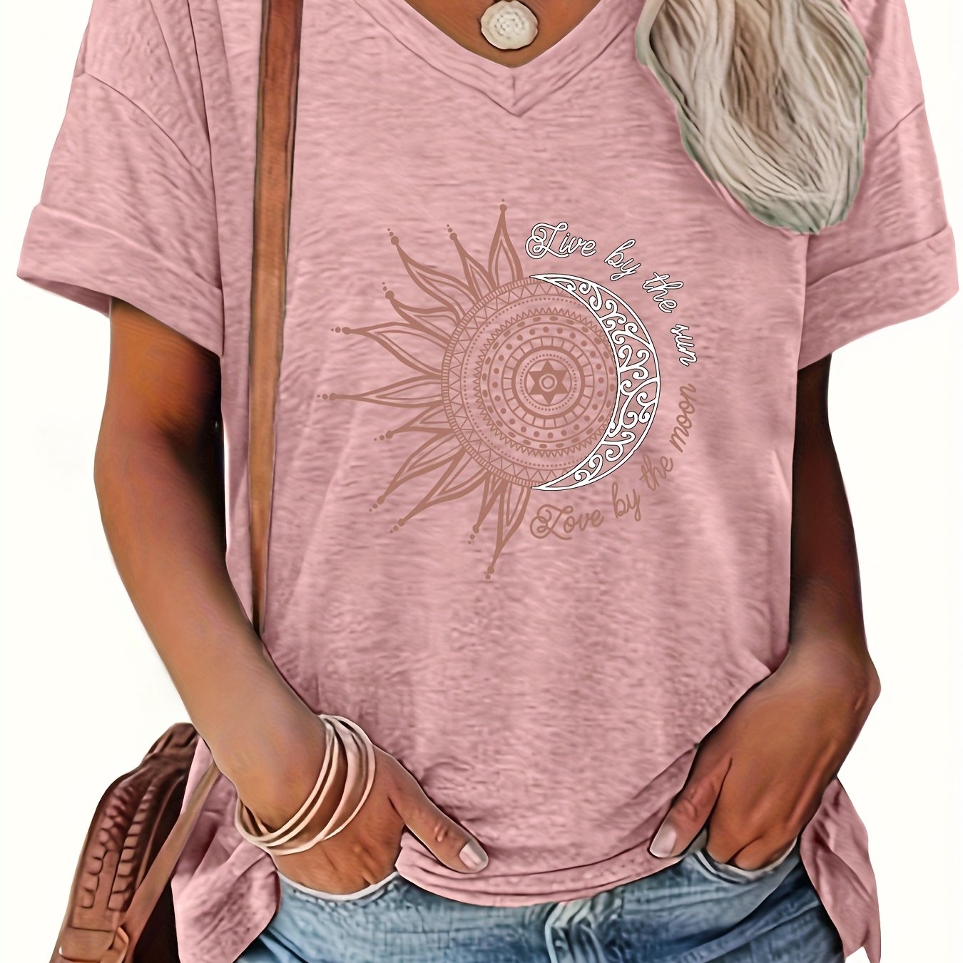 E-shop Circle Damen Frühling Sommer Neuer Stil, Positionierungsdruck V-Ausschnitt Kurzarm Lässiges Locker Geschnittenes Oberteil Basis T-Shirt