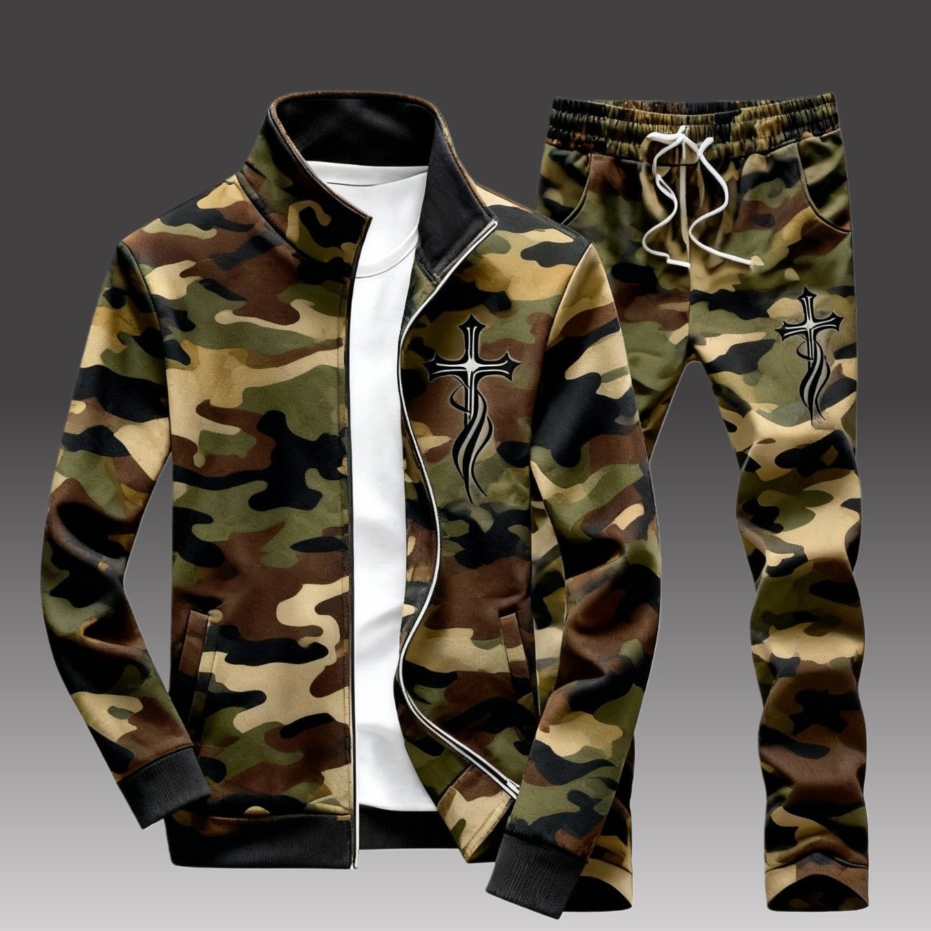 Camouflage Print Men's Fashion Fall Winter Casual Trendy Tracksuits | Cross Flame Pattern Zip Up Jacket And Drawstring Pants With Long Sleeve, Regular Fit, Geometric-pattern Details