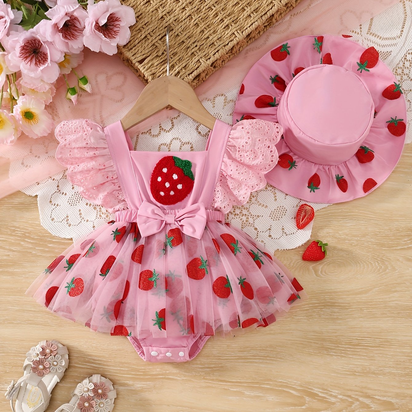 Image of 2pcs Baby Girl Summer Camisole Strawberry Embroidery Bow Cute Strawberry Print Pink Bodysuit And Strawberry Print Hat, For Outdoor