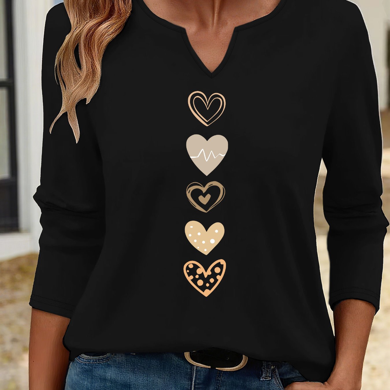 TEMU (058#) Women's Spring/autumn Casual Long-sleeve T-shirt, Heart Print V-neck Long-sleeve T-shirt, Versatile Comfortable Top