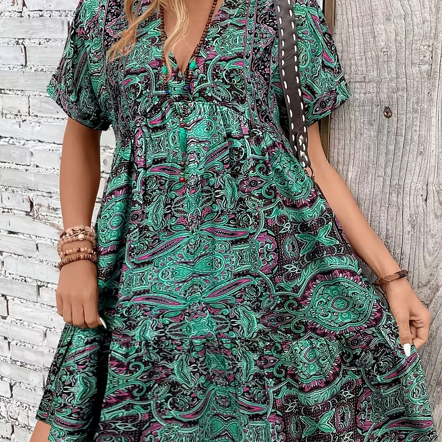 TEMU Elegant Retro Ethnic Style Floral Print Summer Sexy V-neck Short Sleeve Loose Pullover Casual Vacation Beach Party Dress