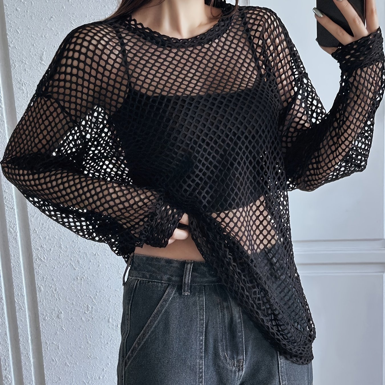 Image of Plus Size - Plus Size - Large Mesh Sheer Sunscreen Long Sleeve