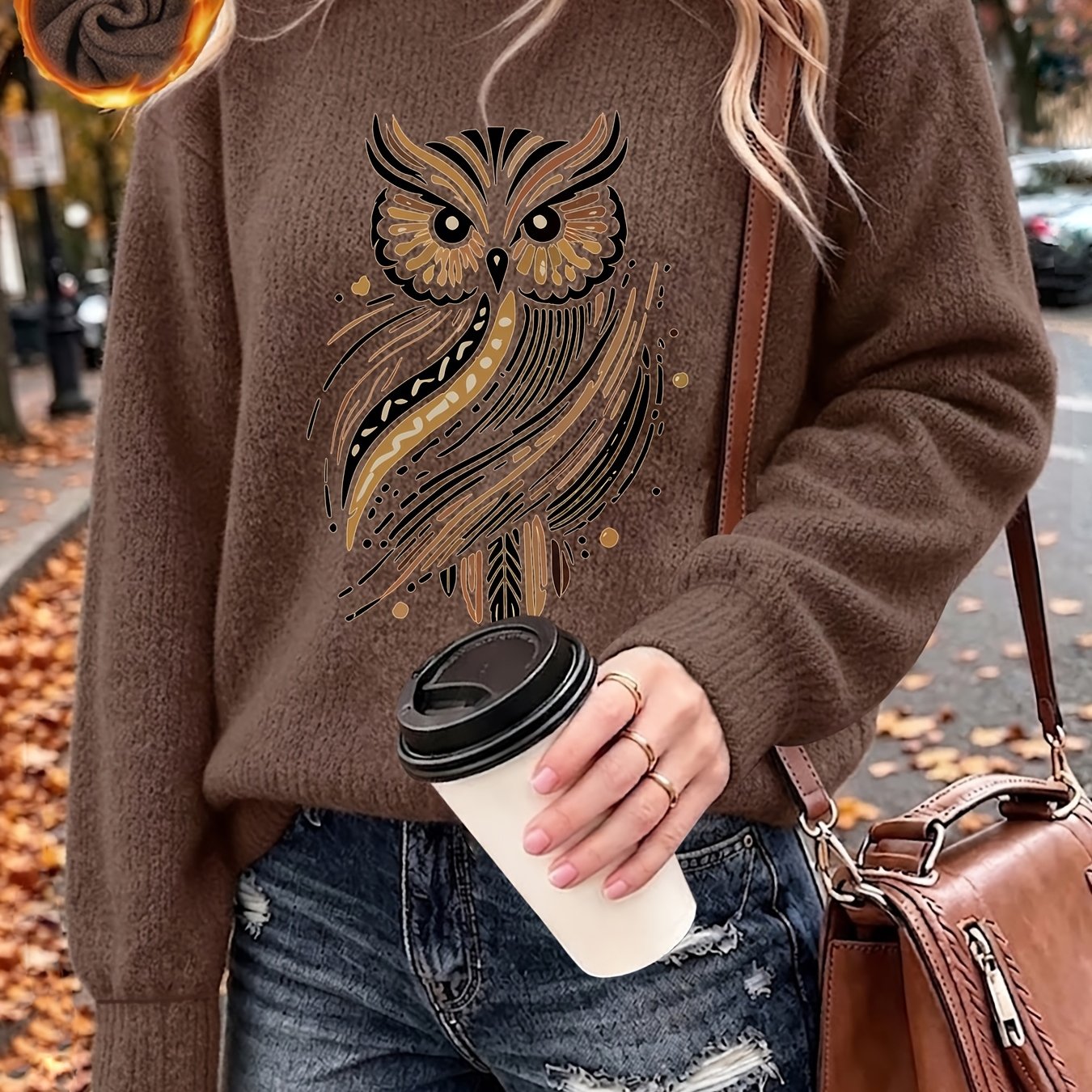 TEMU Owl-themed Line Decorative Pattern Autumn Winter Beautiful Elegant Fashion Women's Sweater Thickened Soft Warm Cute Wearable Ladies Pullover