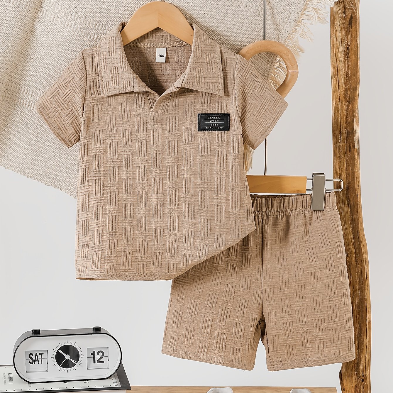Image of Boys' Summer Casual Shorts Set Khaki Solid Color Half-open Collar T-shirt & Blue Same Color Shorts Set Lightweight Comfortable Versatile Trendy Sportswear, Suitable For Outdoor Sports And Daily Wear
