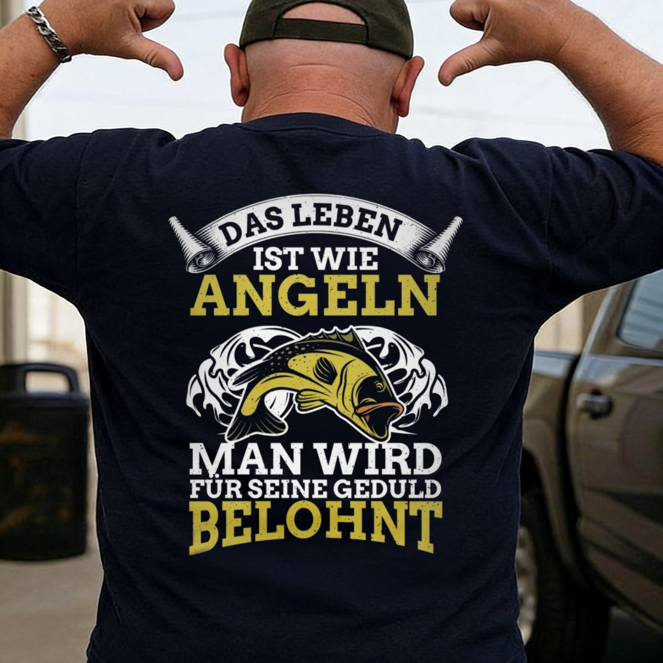 Plus Size Men's T-shirt Black Fishing Fish And German Text Design For Outdoor Activities