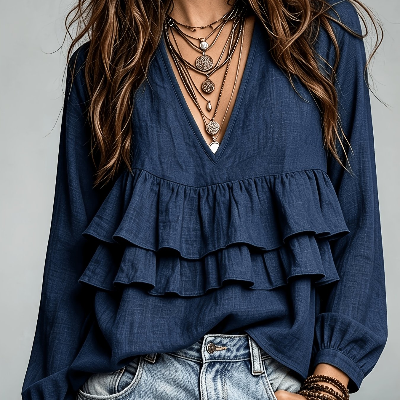 TEMU Blusa holgada de lino de moda para mujer, diseño de cinturón casual, estilo vintage , cuello en V profundo, farol con volantes multicapa, estilo