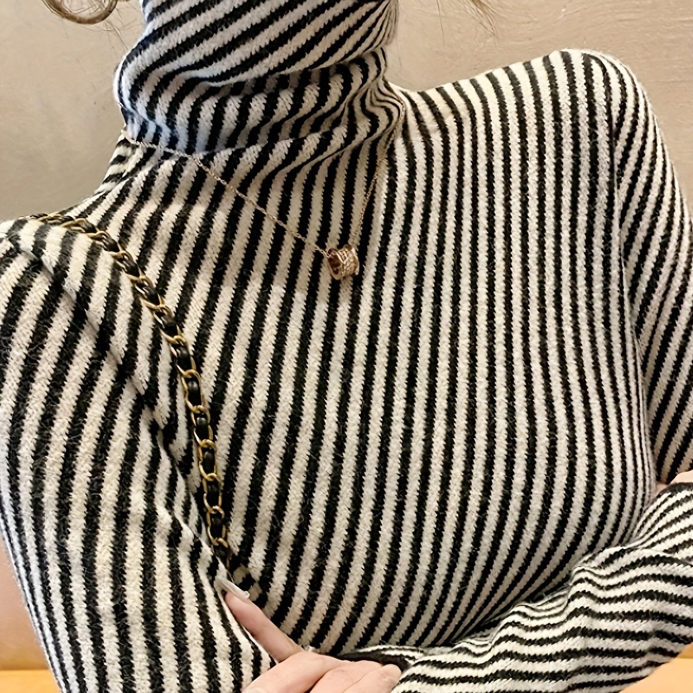 TEMU Striped Turtleneck Sweater For Women - , Long Sleeve, Washable - For Fall/
