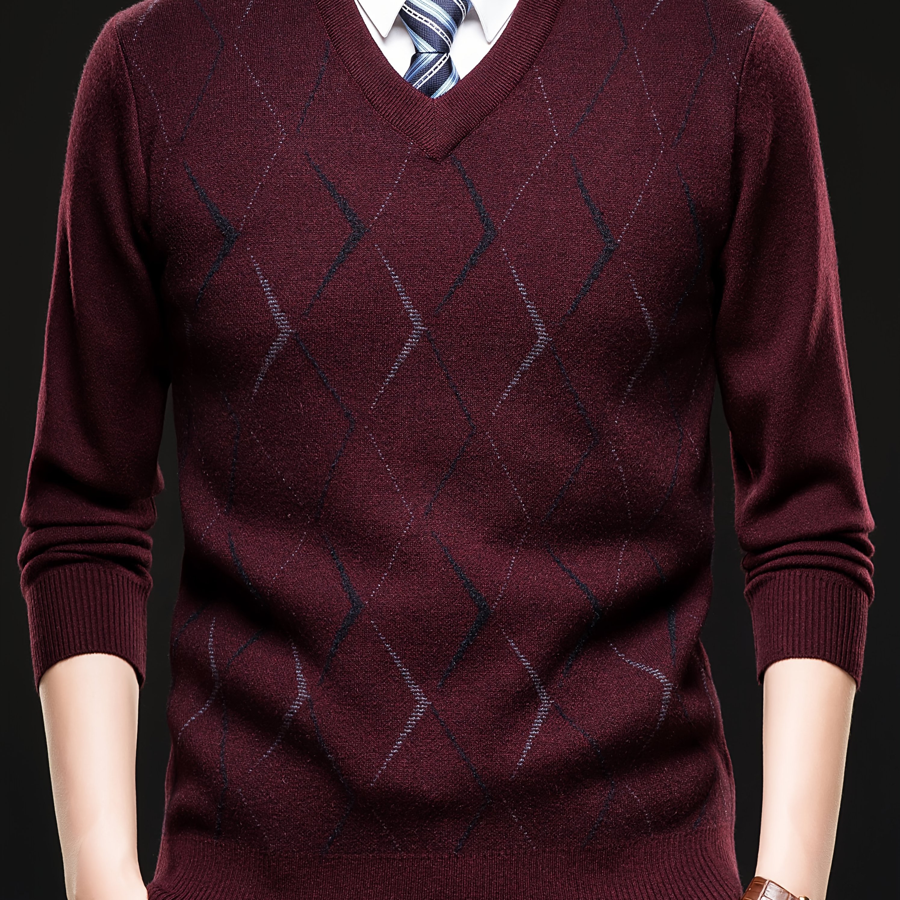 TEMU Men's V-neck Sweater, Thick Knit Base Layer Top - Casual Pullover