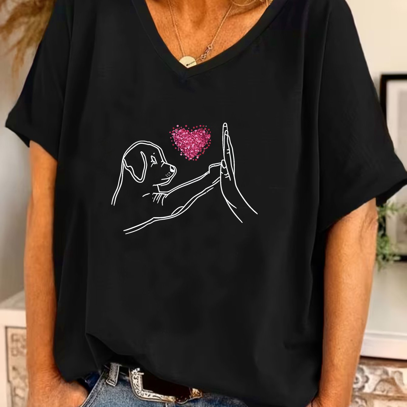 TEMU Plus Size - Plus Size - Plus Size Damen Palm Dog Herz Kurzarm V-Ausschnitt T-Shirt, Fledermausärmel Design Freizeit Top, Eleganter und Modischer