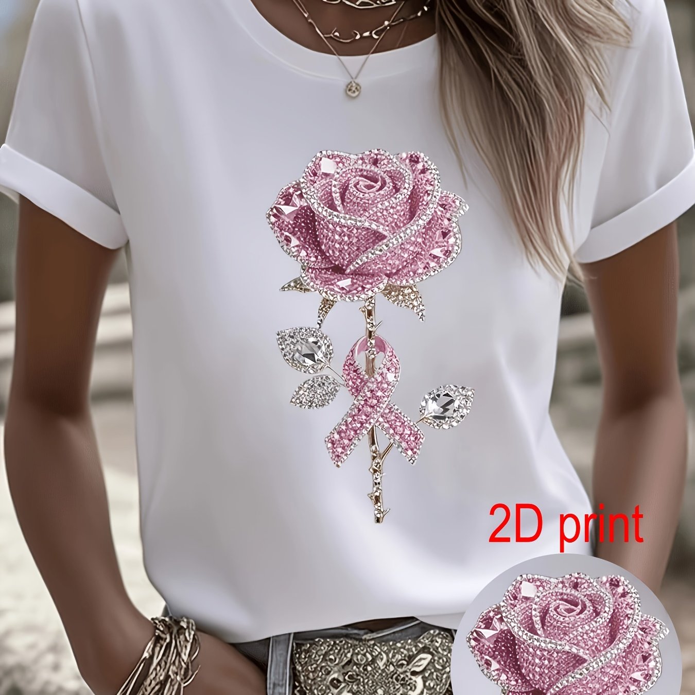 TEMU 2d Flat Print Exquisite Light Crystal Rose Print Black And White T-shirt For Women, Loose Fit Casual Short Sleeve, Essential For Summer Daily