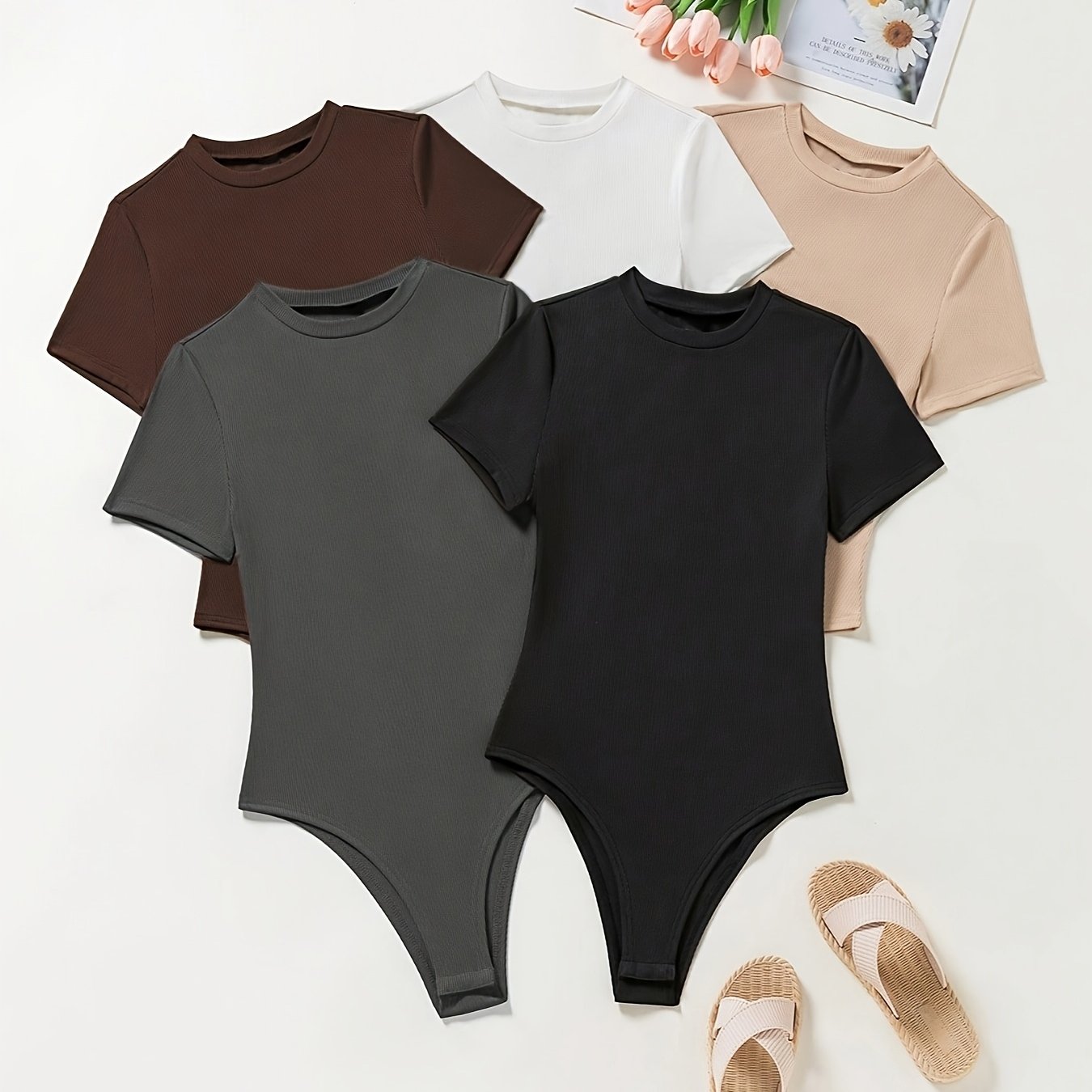 TEMU Five-piece Set Of European And Styles, , Summer, And Autumn Casual Solid Color Round-neck Tight-fitting Clothing