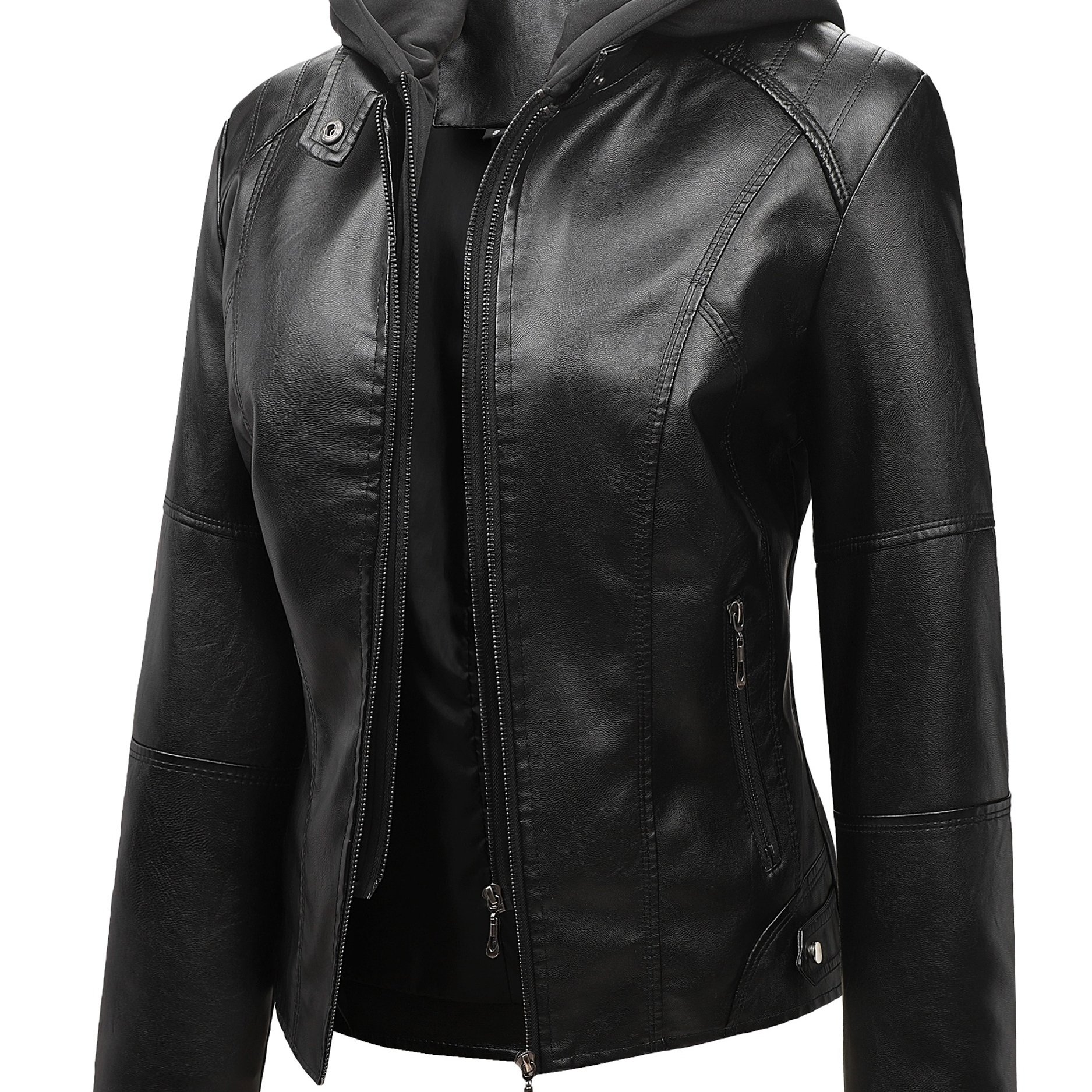 TEMU Women's Black Hooded Pu Jacket, Slim Fit Motorcycle Style For Fall & Winter, Casual Windproof Outerwear With Removable Hood