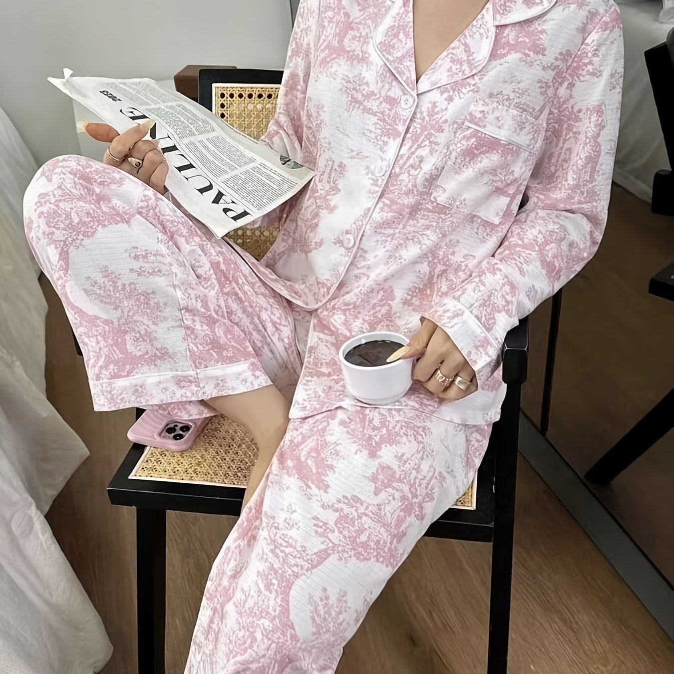 TEMU Women's Long Sleeve Long Pants Collared Pajamas Full Print Plant Casual Comfortable Soft Women's Autumn Winter